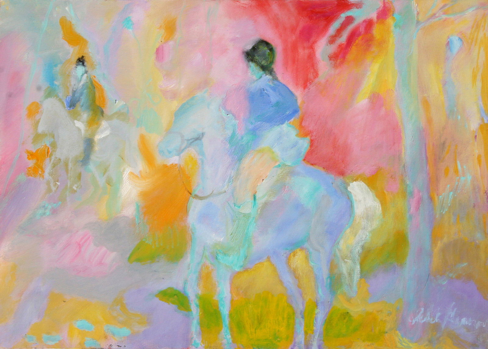 Isabel Gamerov, Riding in the Park, Oil on Canvas: Artist: Isabel Gamerov, American (1943 - ) Title: Riding in the Park Year: 2000 Medium: Oil on Canvas Size: 18 in. x 26 in. (45.72 cm x 66.04 cm)