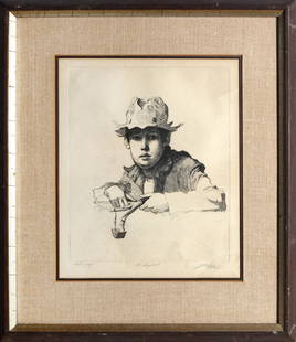Sheldon 'Shelly' Fink, The Slingshot, Etching: Artist: Sheldon 'Shelly' Fink, American (1925 - 2002) Title: The Slingshot Year: 1967 Medium: Etching, signed, numbered and dated in pencil Edition: AP Image Size: 8.5 x 7 inches Frame Size: 15 x 13 i