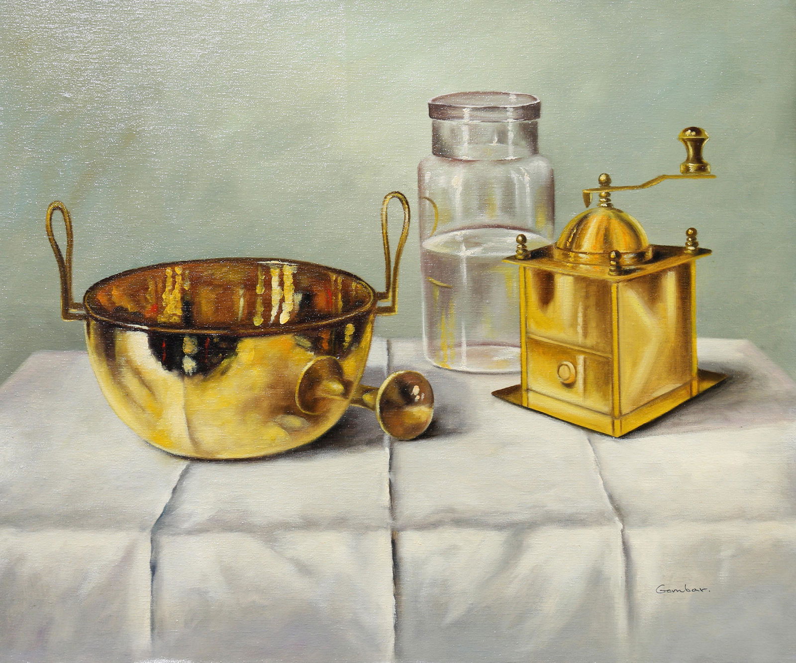 Andras Gombar, Brass Coffee Grinder and Bowl Still Life, Oil on Canvas mounted to Wood: Artist: Andras Gombar, Hungarian (1946 - ) Title: Brass Coffee Grinder and Bowl Still Life Year: circa 1965 Medium: Oil on Canvas mounted to Wood, signed Size: 20 x 24 in. (50.8 x 60.96 cm)