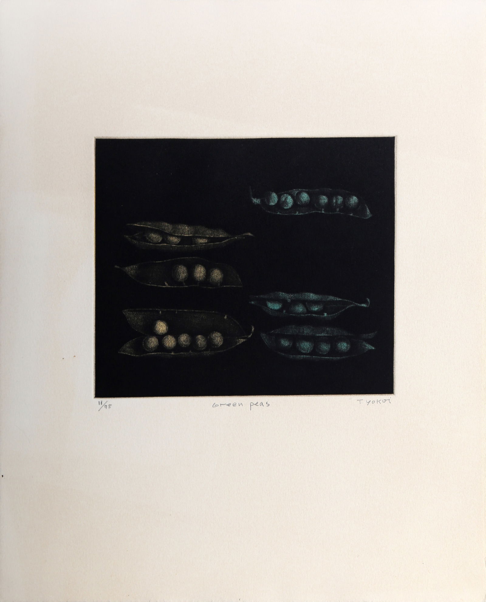 Tomoe Yokoi, Green Peas, Etching with Aquatint: Artist: Tomoe Yokoi, Japanese (1942 - ) Title: Green Peas Portfolio: Medium: Etching with Aquatint, signed and numbered in pencil Edition: 11/75 Image Size: 5.75 x 6.75 inches Size: 13.5 x 11 in. (34.