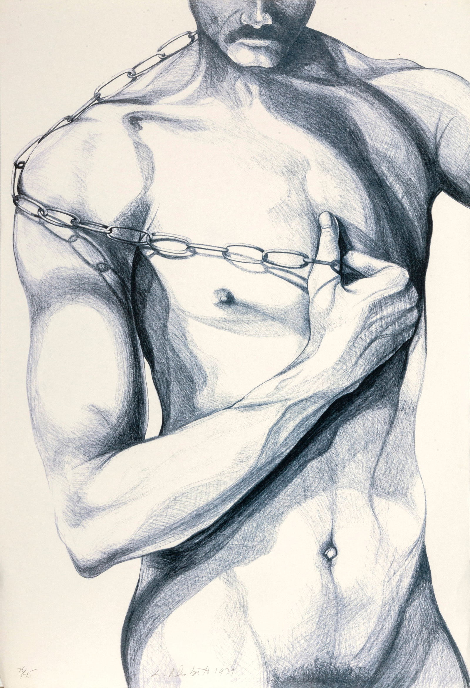Lowell Blair Nesbitt, Male Nude 3, Lithograph: Artist: Lowell Blair Nesbitt, American (1933 - 1993) Title: Male Nude 3 Portfolio: Year: 1979 Medium: Lithograph, signed, numbered, and dated in pencil Size: 43.5 x 30 in. (110.49 x 76.2 cm) Descripti