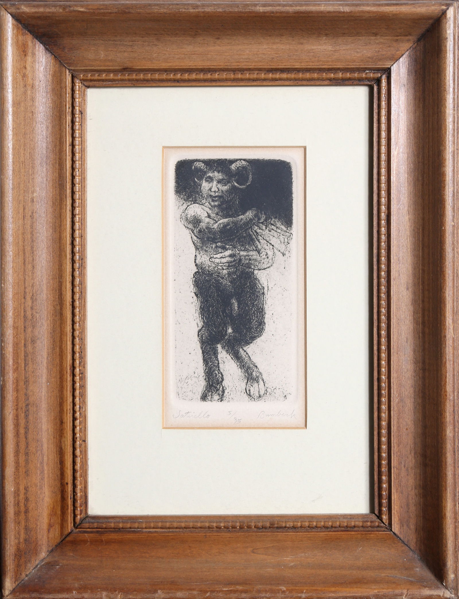 David Bumbeck, Satirello, Etching with Aquatint: Artist: David Bumbeck, American (1940 - ) Title: Satirello Portfolio: Year: circa 1975 Medium: Etching with Aquatint, signed in pencil Edition: 5/35 Image Size: 5.5 x 3 inches Frame Size: 13.5 x 10 in