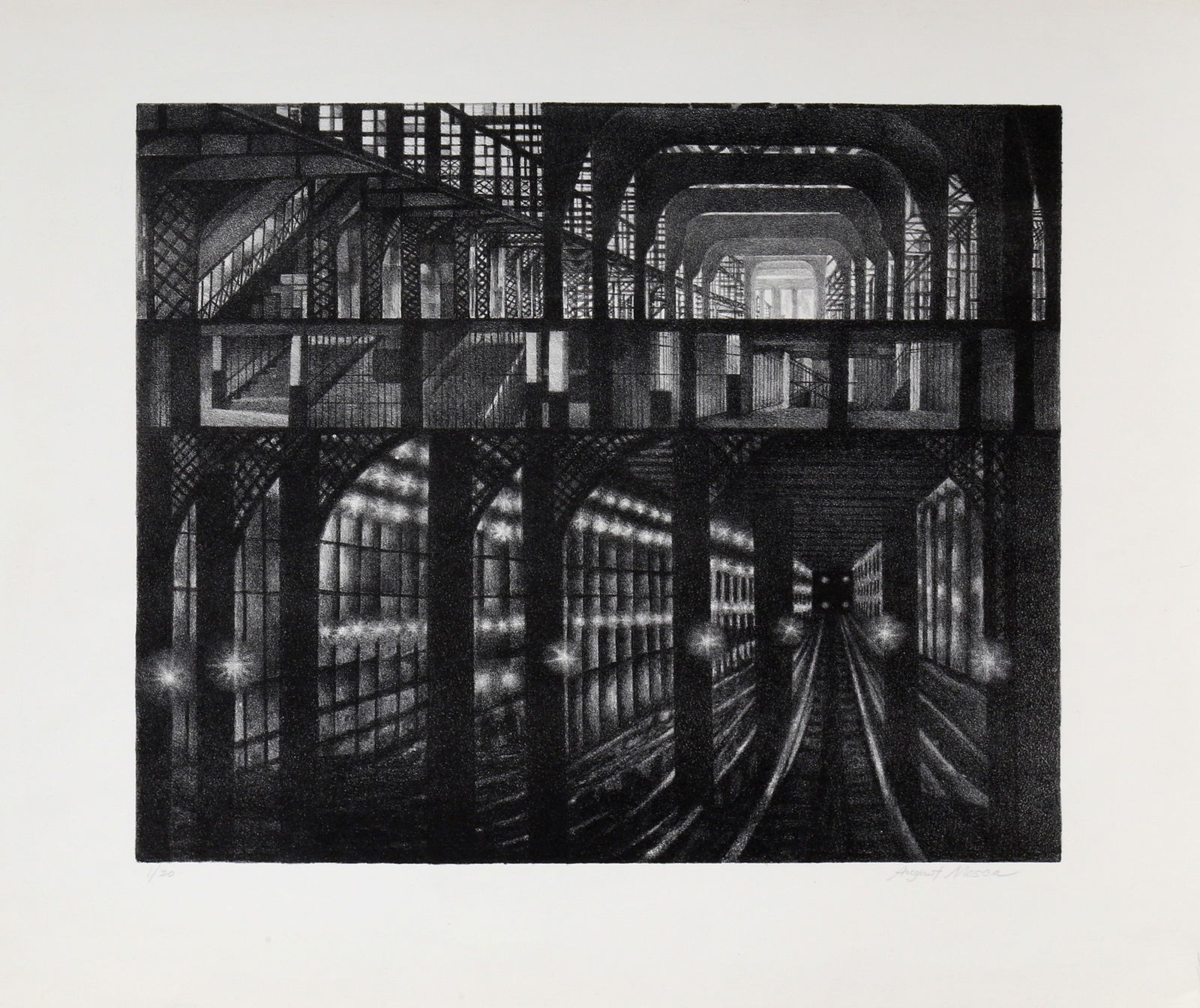 August Mosca, Subway Station, Lithograph: Artist: August Mosca, Italian (1905 - 2003) Title: Subway Station Year: circa 1950 Medium: Lithograph, signed and numbered in pencil Edition: 1/20 Image Size: 14.5 x 16.5 inches Size: 19 x 21.5 in. (4