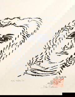 Ben Shahn, Skowhegan, Wood Engraving: Artist: Ben Shahn, Lithuanian/American (1898 - 1969) Title: Skowhegan Year: 1965 Medium: Wood Engraving, signed in pencil Edition: 200 (unnumbered) Image Size: 9 x 8 inches Size: 16 x 12 in. (40.64 x