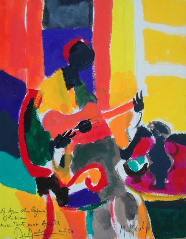 Marcel Mouly, La Guitarre Rouge, Acrylic Painting: Artist: Marcel Mouly, French (1918 - 2008) Title: La Guitarre Rouge Year: 1994 Medium: Acrylic on Paper, signed, dated and dedicated Size: 16.5 in. x 10 in. (41.91 cm x 25.4 cm)