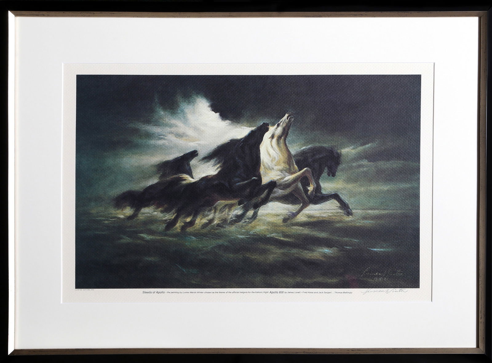 Lumen Martin Winter, Steeds of Apollo (Apollo XIII), Lithograph: Artist: Lumen Martin Winter, American (1908 - 1982) Title: Steeds of Apollo (Apollo XIII) Year: 1981 Medium: Lithograph, signed and numbered in pencil Edition: 500 Image Size: 14 x 22 inches Size: 20