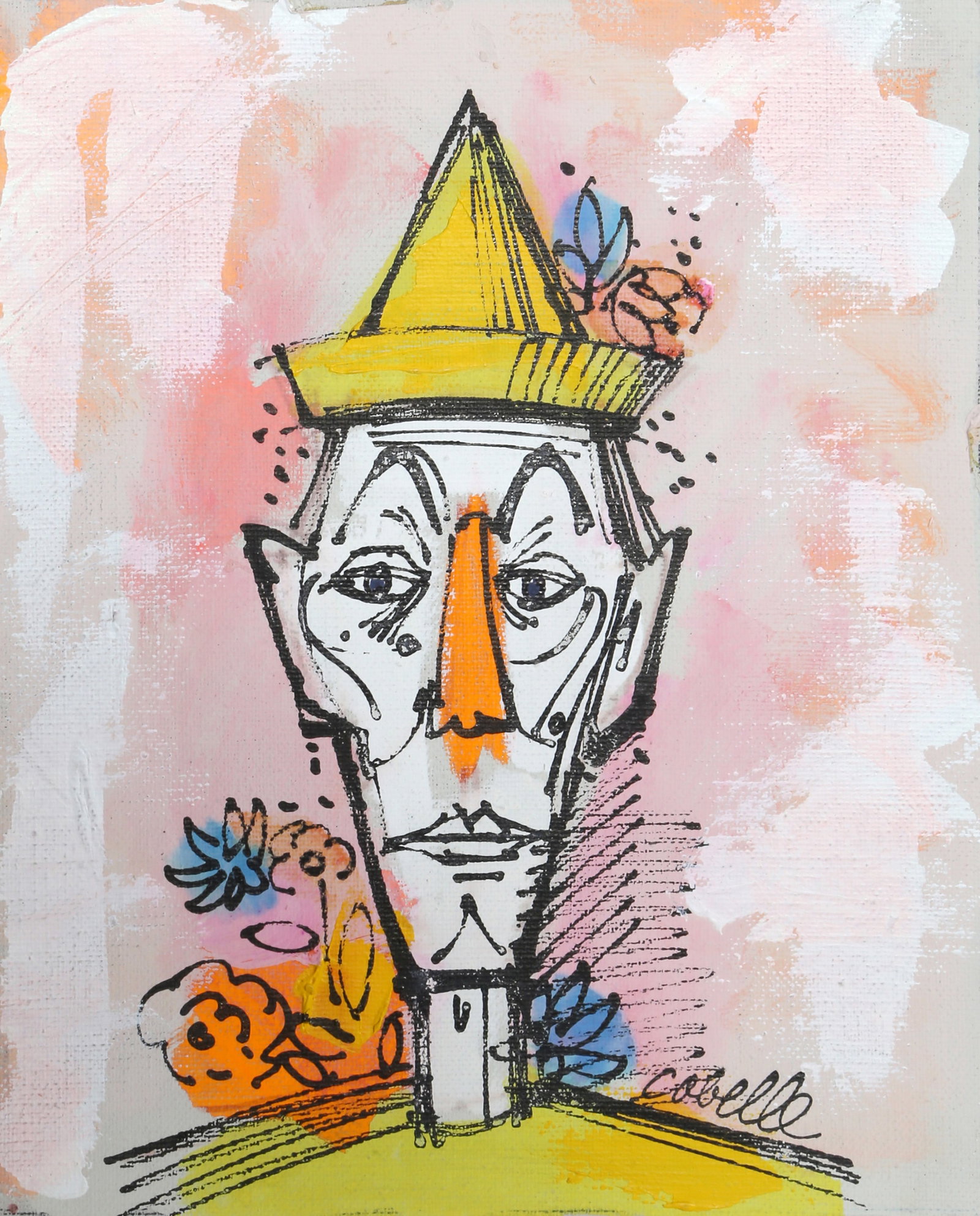 Charles Cobelle, Portrait of Clown in Yellow Hat, Acrylic on Canvas. (1 of 3)