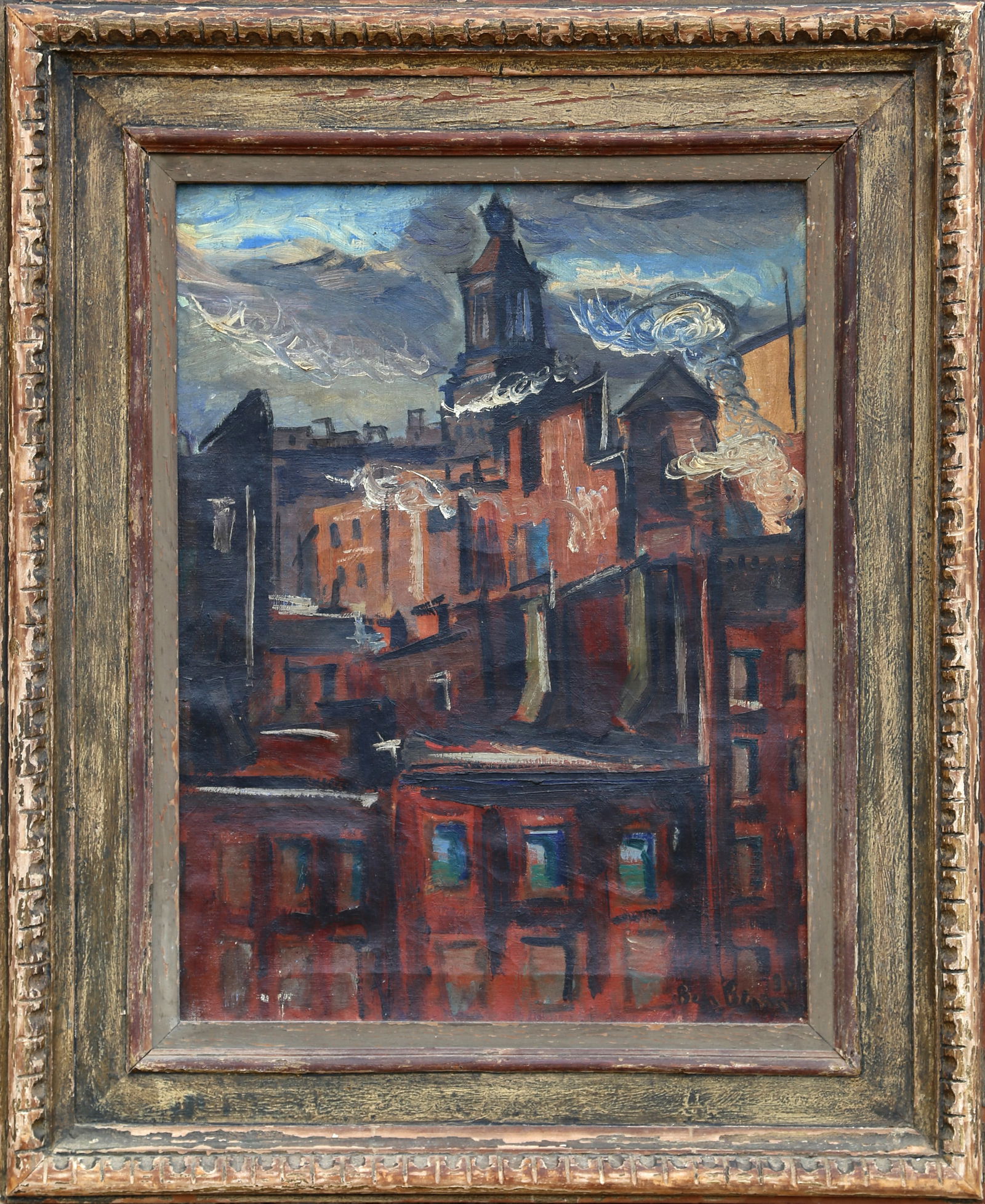 Ben Benn, Roof Top, Oil on Canvas: Artist: Ben Benn, Polish/American (1884 - 1983) Title: Roof Top Year: circa 1920 Medium: Oil on Canvas, signed l.r. Size: 24 x 18 in. (60.96 x 45.72 cm) Frame Size: 33.5 x 27.5 inches Description: Ben