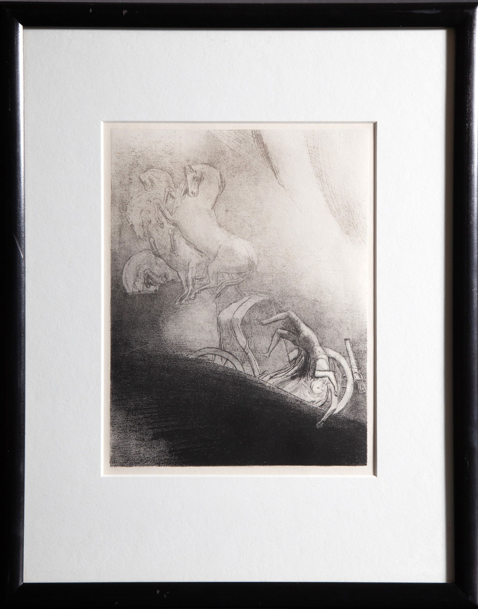 Odilon Redon, Tombe Dans L'Ambime, La Tete en Bas, Lithograph: Artist: Odilon Redon (1840 - 1916) Title: Tombe Dans L'Ambime, La Tete en Bas Year: 1896 Medium: Lithograph and Chine Colle Image Size: 11 x 8.25 inches Frame Size: 19.5 x 15.5 inches Ref: Mellerio 15