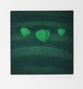 Yozo Hamaguchi, Three Butterflies, green, Mezzotint: Artist: Yozo Hamaguchi, Japanese (1909 - 2000) Title: Three Butterflies, green Year: 1985 Medium: Mezzotint, signed in pencil Edition: TR Image Size: 4.75 x 4.5 inches Size: 15 x 11 in. (38.1 x 27.94