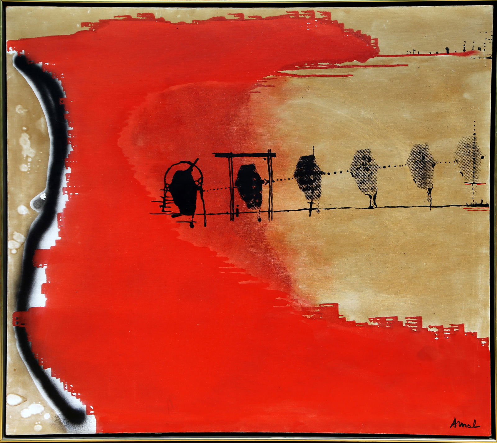 Francois Arnal, Dans le Monde du Feu, Trois Formes de Perfectionment, Oil and spraypaint on canvas: Artist: Francois Arnal, French (1924 - 2012) Title: Dans le Monde du Feu, Trois Formes de Perfectionment Year: 1962 Medium: Oil and spraypaint on canvas, signed and titled verso Size: 42.5 x 48 in. (1