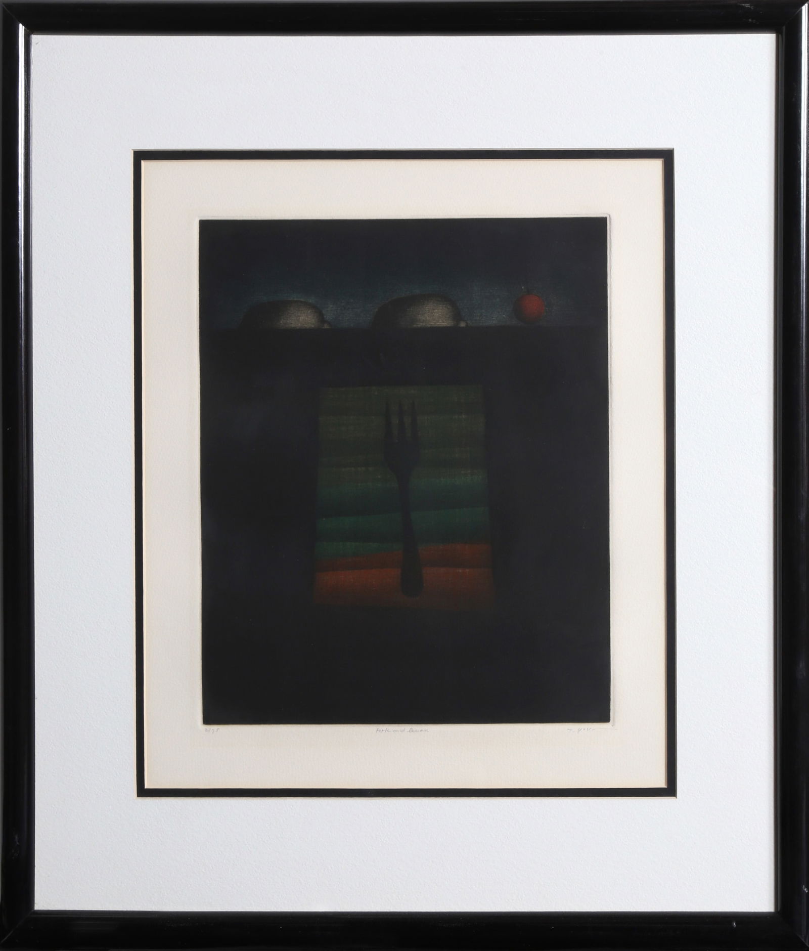 Tomoe Yokoi, Fork and Lemon, Mezzotint: Artist: Tomoe Yokoi, Japanese (1942 - ) Title: Fork and Lemon Year: circa 1985 Medium: Mezzotint, signed and numbered in pencil Edition: 2/75 Image Size: 13 x 10.5 inches Size: 16 x 14 in. (40.64 x 35