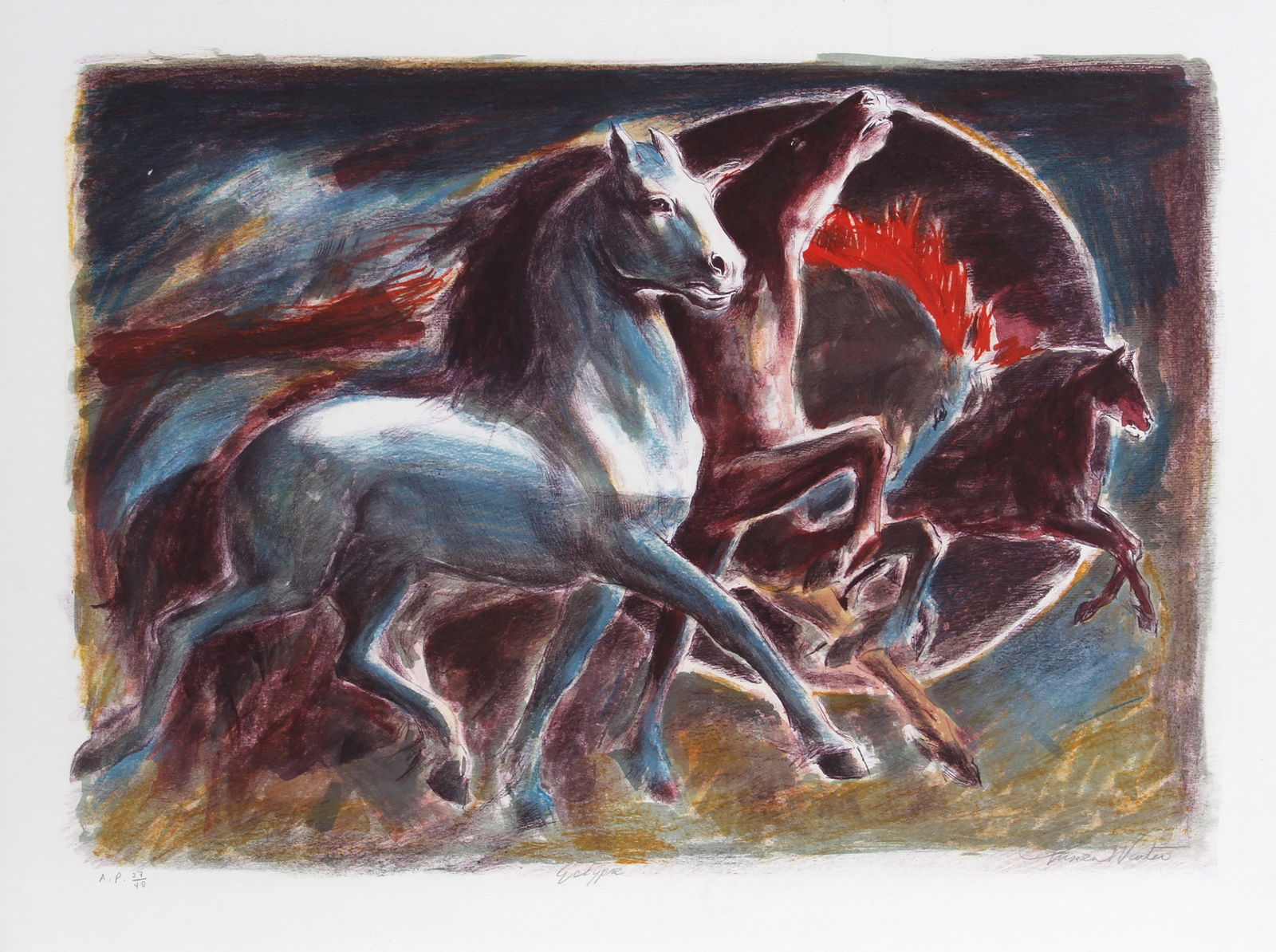 Lumen Martin Winter, Eclypse, Lithograph: Artist: Lumen Martin Winter, American (1908 - 1982) Title: Eclypse Year: Circa 1980 Medium: Lithograph, signed and numbered in pencil Edition: 300, AP 40 Image Size: 18 x 25 inches Size: 22 in. x 30 i