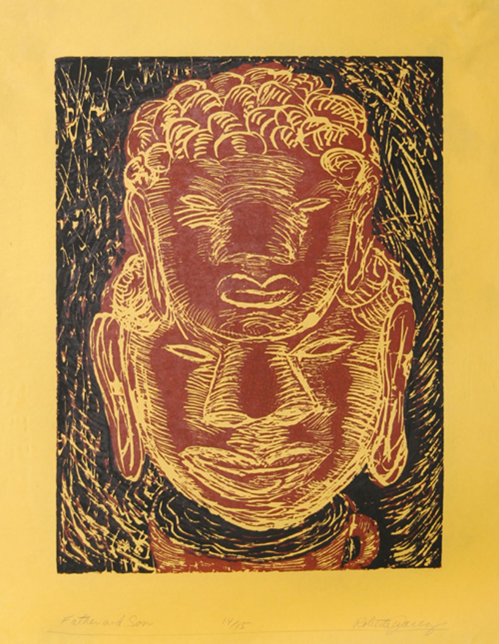 Roberto Juarez, Father and Son (red & black), Woodcut on Wove Paper: Artist: Roberto Juarez, American (1952 - ) Title: Father and Son (red & black) Year: 1983 Medium: Woodcut on Wove Paper, Signed and Numbered in Pencil Edition: 15 Size: 31.5 in. x 25 in. (80.01 cm x 6