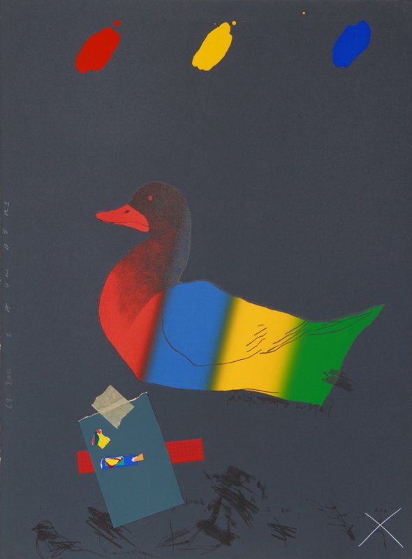Raymond Jennings Saunders, Duck out of Water, Lith: Artist: Raymond Jennings Saunders, American (1934 - ) Title: Duck out of Water Year: 1975 Medium: Lithograph with Silkscreen and Collage, signed and numbered in pencil Edition: 64/200 Size: 30 in. x 2