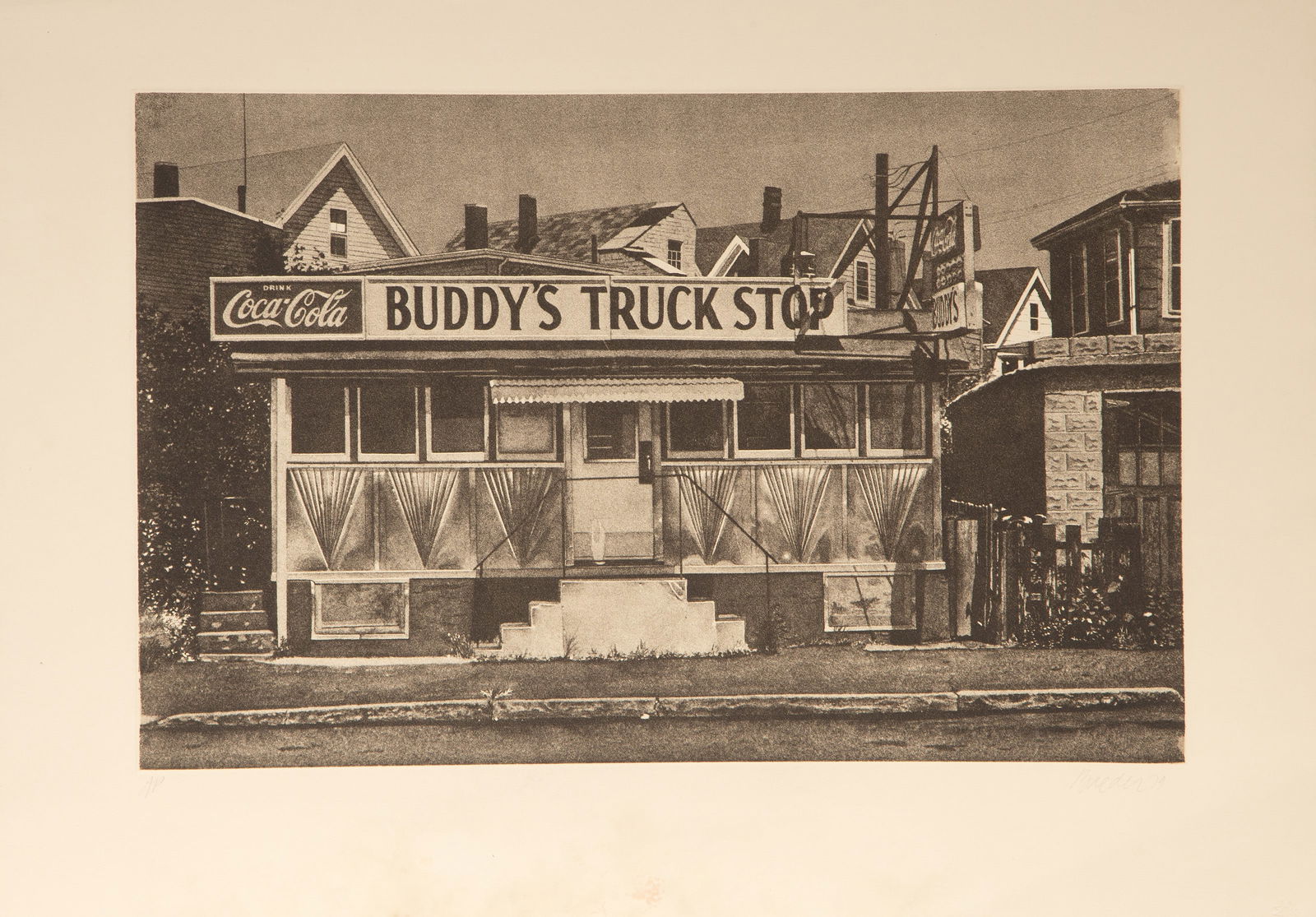 John Baeder, Buddy's Truck Stop, Etching on Arches: Artist: John Baeder, American (1938 - ) Title: Buddy's Truck Stop Year: 1979 Medium: Etching on Arches, signed, numbered and dated in pencil Edition: AP Image Size: 15.25 x 23.75 inches Size: 21 x 30