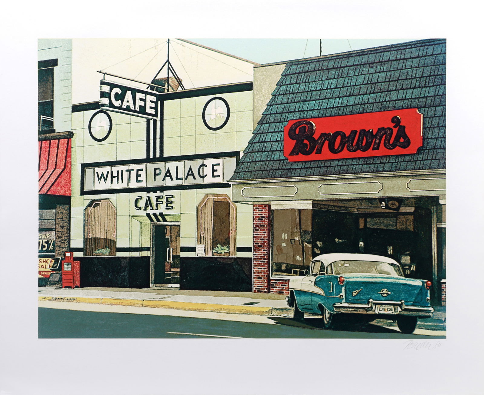 John Baeder, White Palace Cafe, Screenprint: Artist: John Baeder, American (1938 - ) Title: White Palace Cafe Year: 1980 Medium: Screenprint, signed and numbered in pencil Edition: 250 Image Size: 17 x 23 inches Size: 22 in. x 27 in. (55.88 cm x