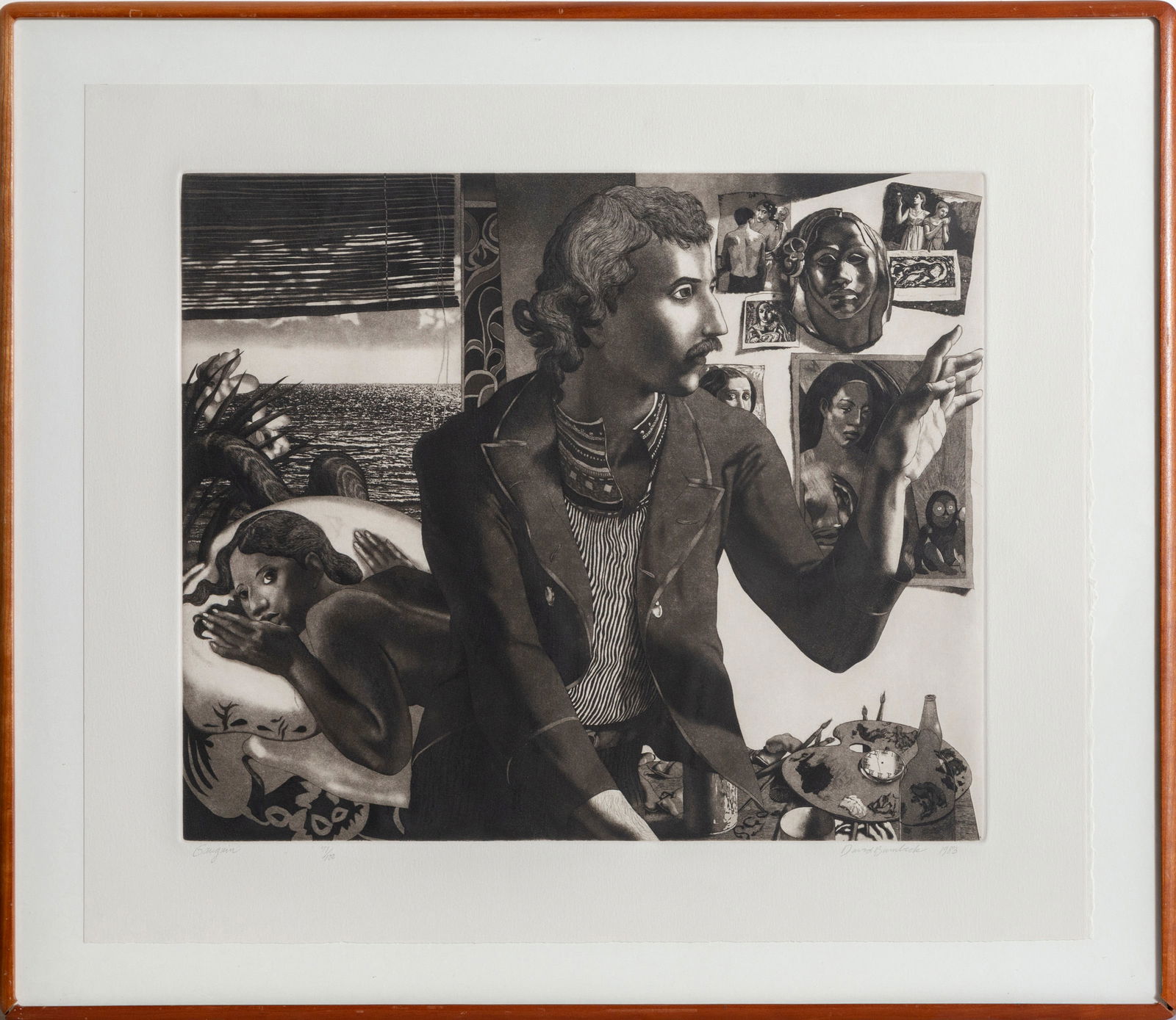 David Bumbeck, Gauguin, Etching: Artist: David Bumbeck, American (1940 - ) Title: Gauguin Year: 1983 Medium: Etching, signed, numbered, dated, and titled in pencil Edition: 41/100 Image Size: 14.5 x 17.5 inches Size: 19 x 22 in. (48.