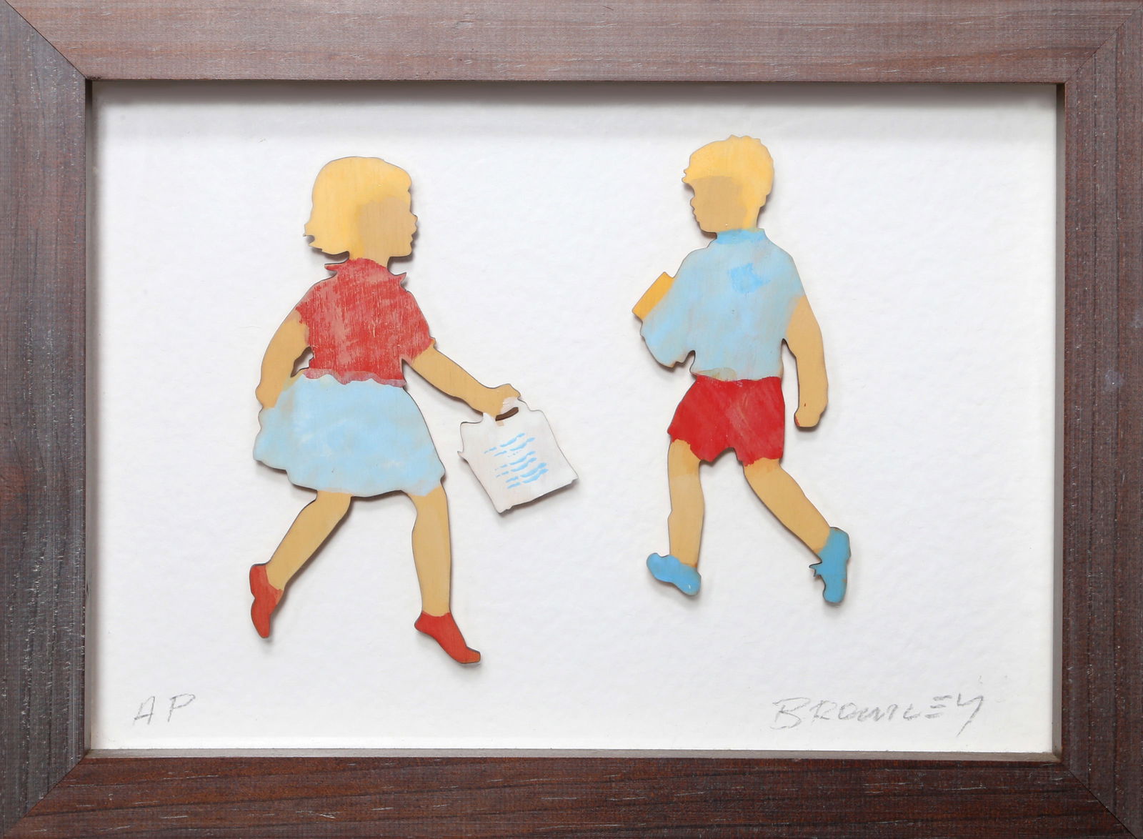 David Bromley, Girl and Boy Shopping, Wood Collage Multiple: Artist: David Bromley, British/Australian (1960 - ) Title: Girl and Boy Shopping Year: circa 2010 Medium: Wood Collage Multiple, signed in pencil Edition: AP Size: 11.5 x 15.5 in. (29.21 x 39.37 cm)