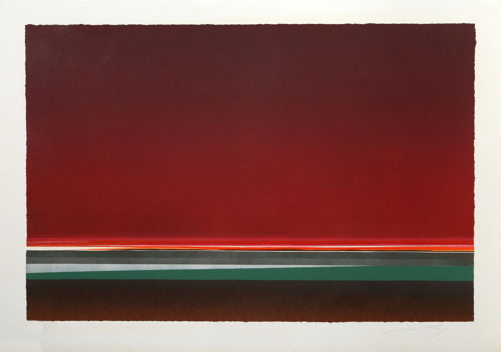 John Stritch, Red Sky, Screenprint: Artist: John Stritch, American (1925 - 2014) Title: Red Sky Year: circa 1980 Medium: Screenprint, signed and numbered in pencil Edition: 45/90 Image Size: 22 x 33 inches Size: 26.5 x 37 in. (67.31 x 9