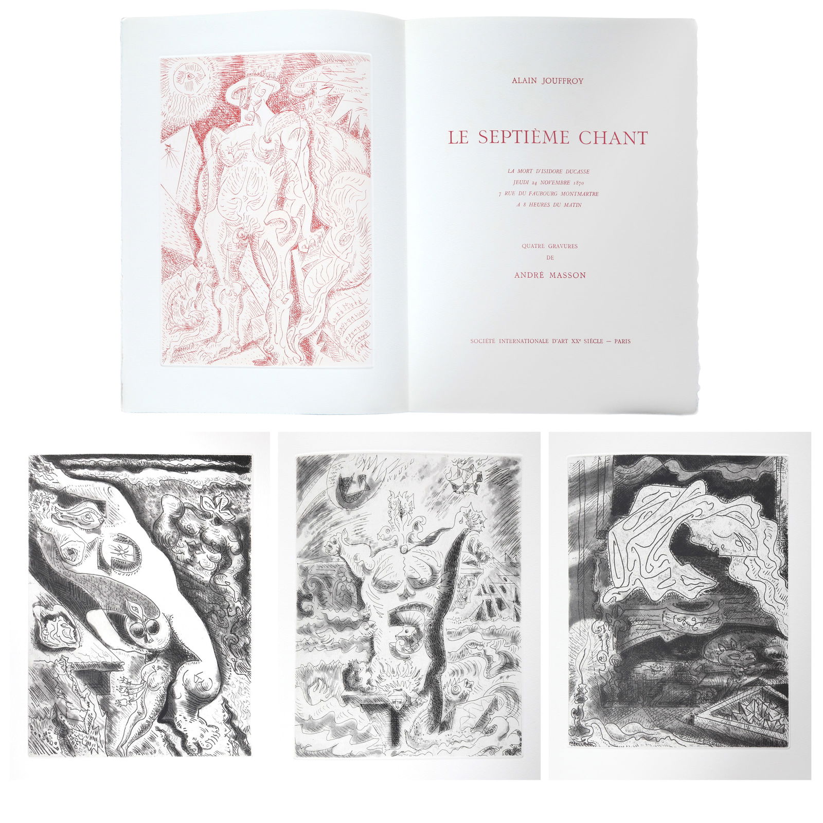 Andre Masson, Le Septieme Chant, Portfolio of Four Etchings on Arches: Artist: Andre Masson, French (1896 - 1987), Title: Le Septieme Chant, Year: 1974, Medium: Portfolio of Four Etchings on Arches, signed and numbered on the colophon, Edition: 157/175, Size: 15 x 11.5 i