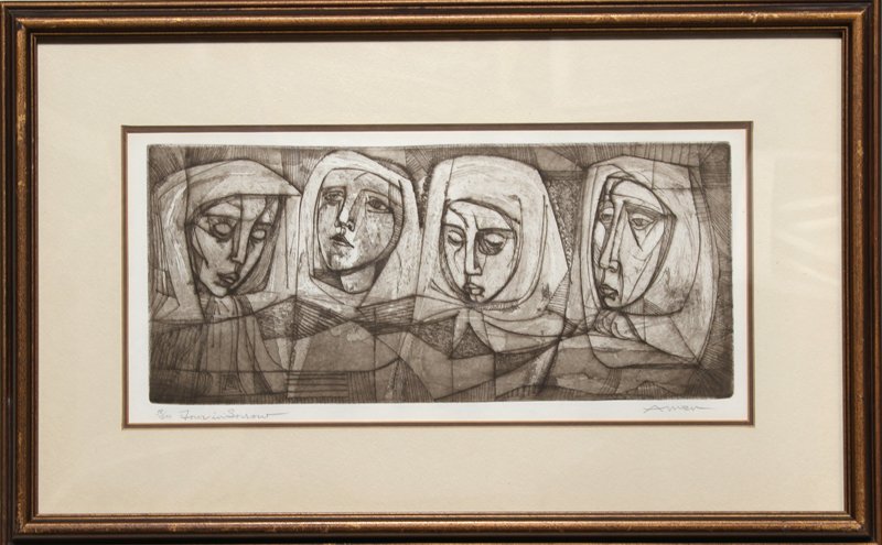 Irving Amen, Four in Sorrow, Etching: Artist: Irving Amen, American (1918 - ) Title: Four in Sorrow Year: circa 1970 Medium: Etching, signed and numbered in pencil Edition: 58/200 Image Size: 7.5 x 17.5 inches Frame Size: 17.5 x 26 inches