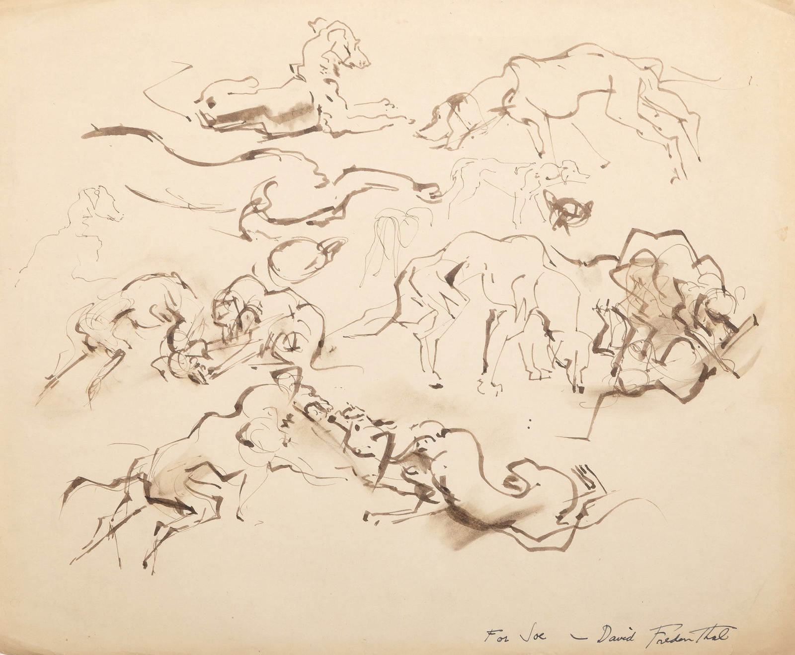 David Fredenthal, Dog in Motion, Watercolor on Paper: Artist: David Fredenthal, American (1914 - 1958) Title: Dog in Motion Year: circa 1940 Medium: Watercolor on Paper, signed and dedicated lower right Size: 14 x 16.75 in. (35.56 x 42.55 cm)