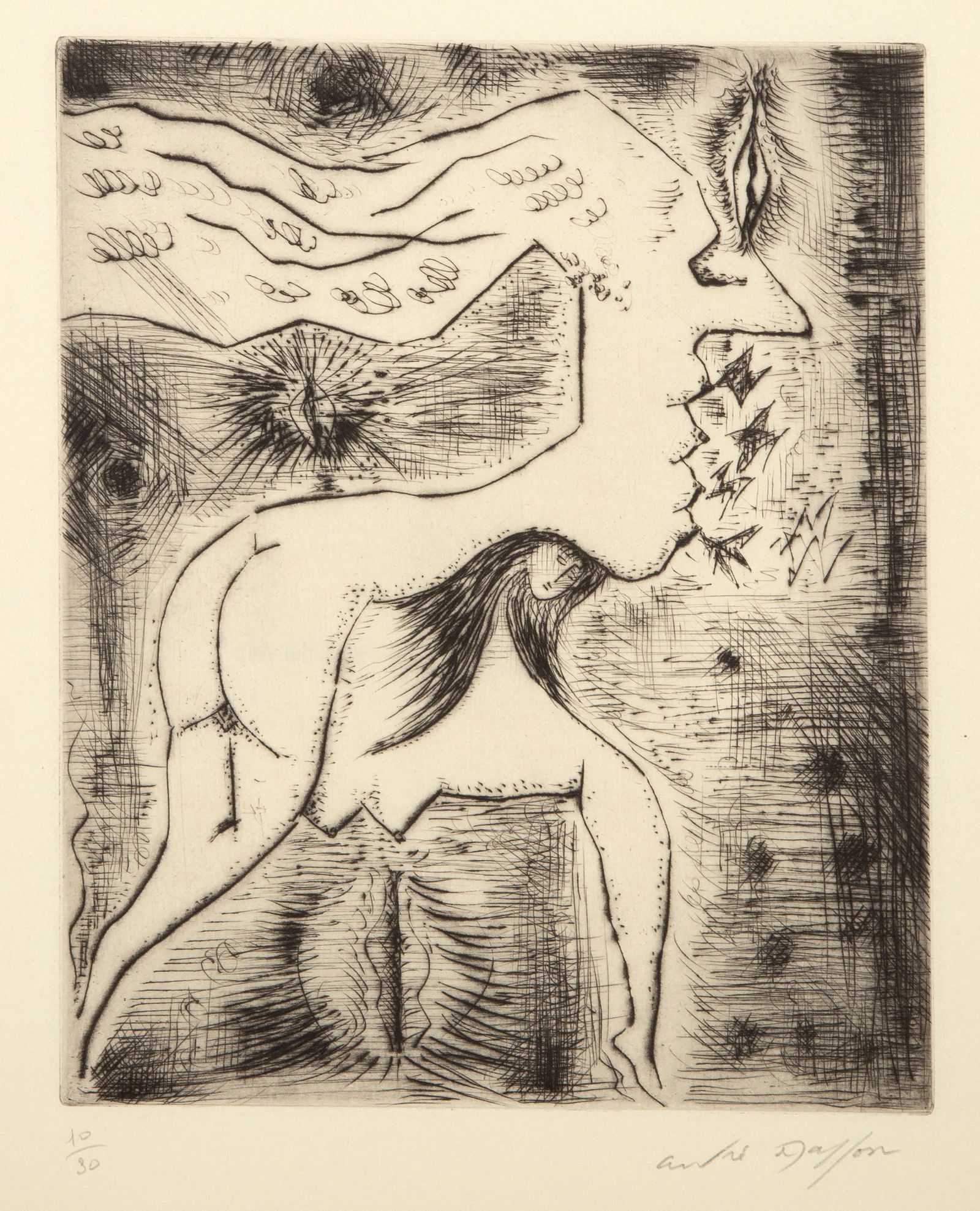 Andre Masson, Deux femmes en une, Etching on wove paper: Artist: Andre Masson, French (1896 - 1987) Title: Deux femmes en une Medium: Etching on wove paper, signed and numbered in pencil Edition: 10/30 Image Size: 9.75 x 8 inches Size: 14.25 x 12.75 in. (36
