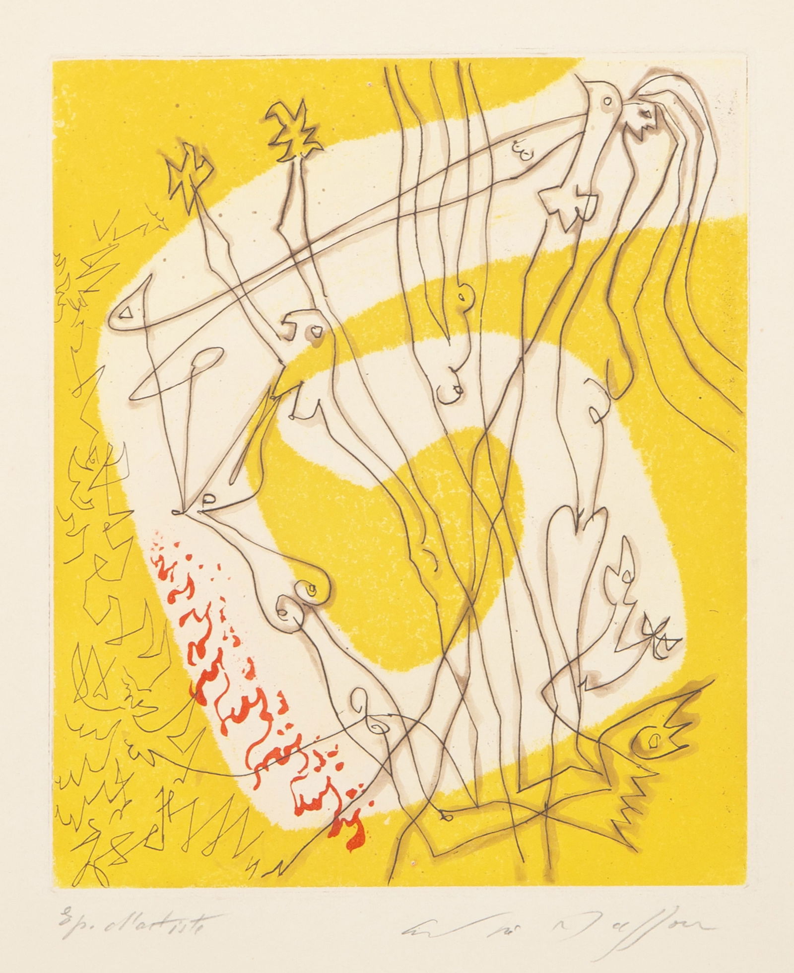 Andre Masson, Femme et oiseau, Etching and aquatint: Artist: Andre Masson, French (1896 - 1987) Title: Femme et oiseau Medium: Etching and aquatint, signed and numbered in pencil Image Size: 8 x 6.75 inches Size: 16.75 x 12.5 in. (42.55 x 31.75 cm) Desc