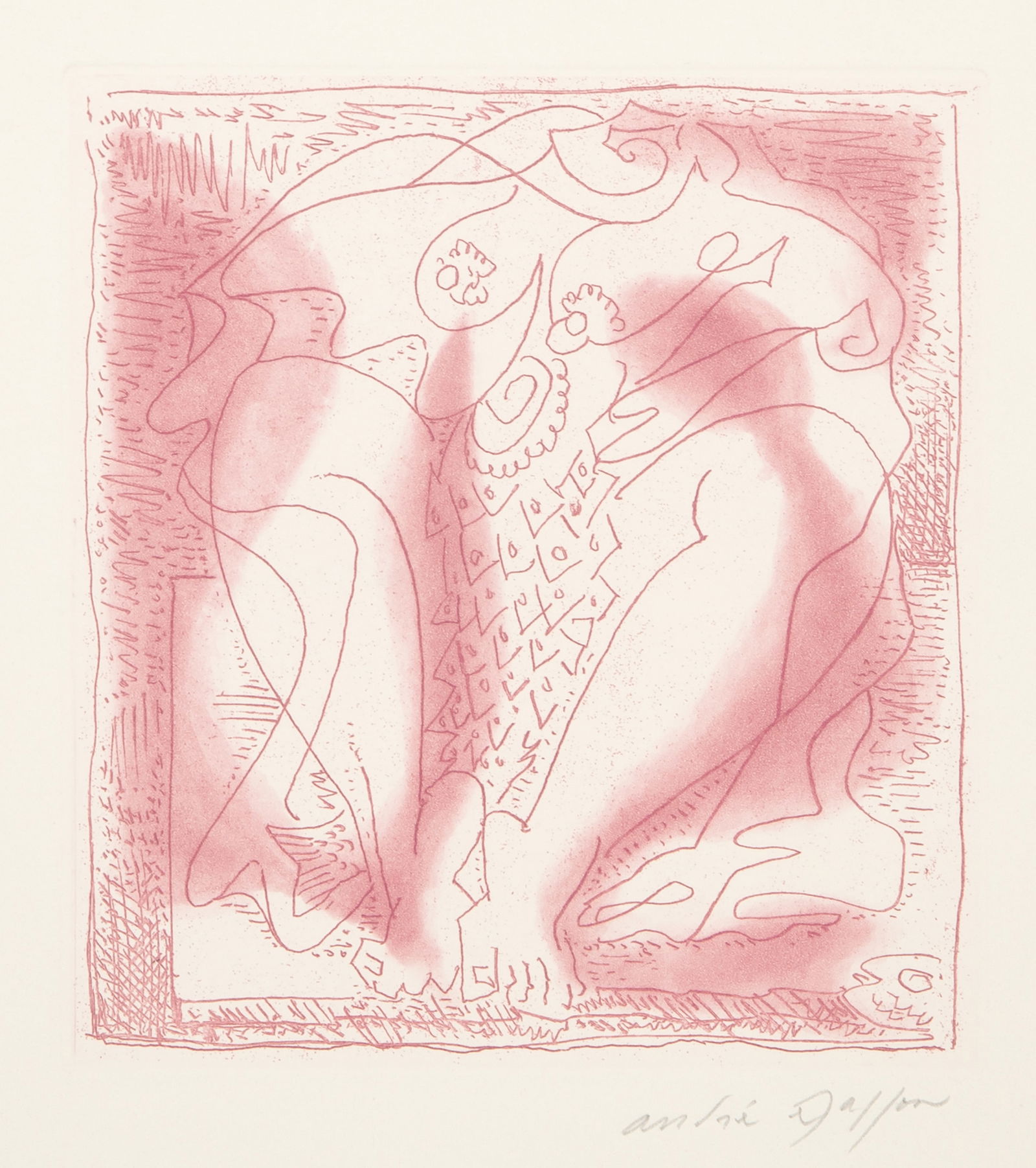 Andre Masson, La femme au poisson, Etching: Artist: Andre Masson, French (1896 - 1987) Title: La femme au poisson Year: 1972 Medium: Etching, signed in pencil Image Size: 6 x 5.5 inches Size: 12.5 x 11 in. (31.75 x 27.94 cm) Description: From t
