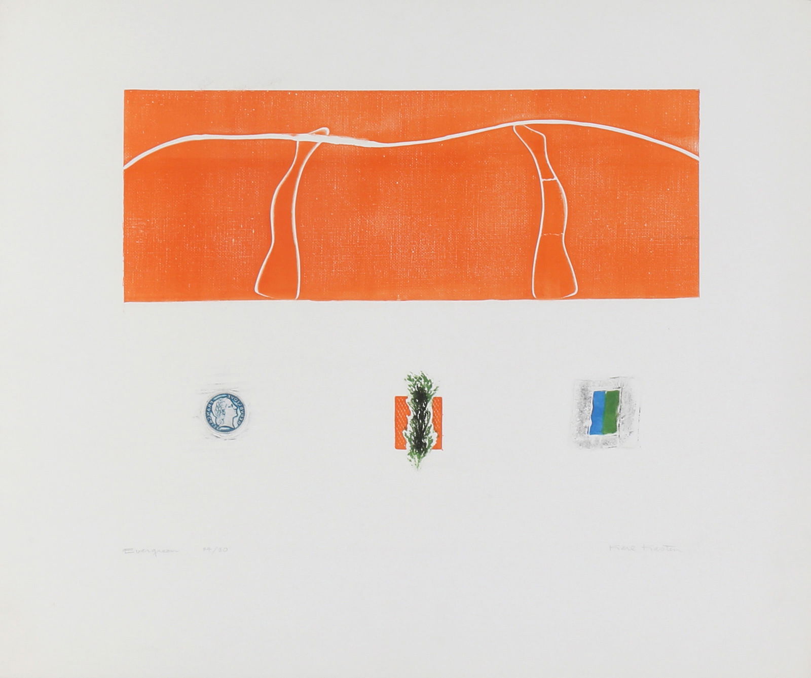 Karl Kasten, Evergreen, Etching: Artist: Karl Kasten, American (1916 - 2010) Title: Evergreen Year: circa 1968 Medium: Etching, signed and numbered in pencil Edition: 24/30 Image Size: 13 x 16.5 inches Size: 21.75 x 19 in. (55.25 x 4