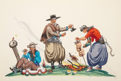 Ada Peacock, Gauchos En Un Asado, Watercolor and Graphite on Paper