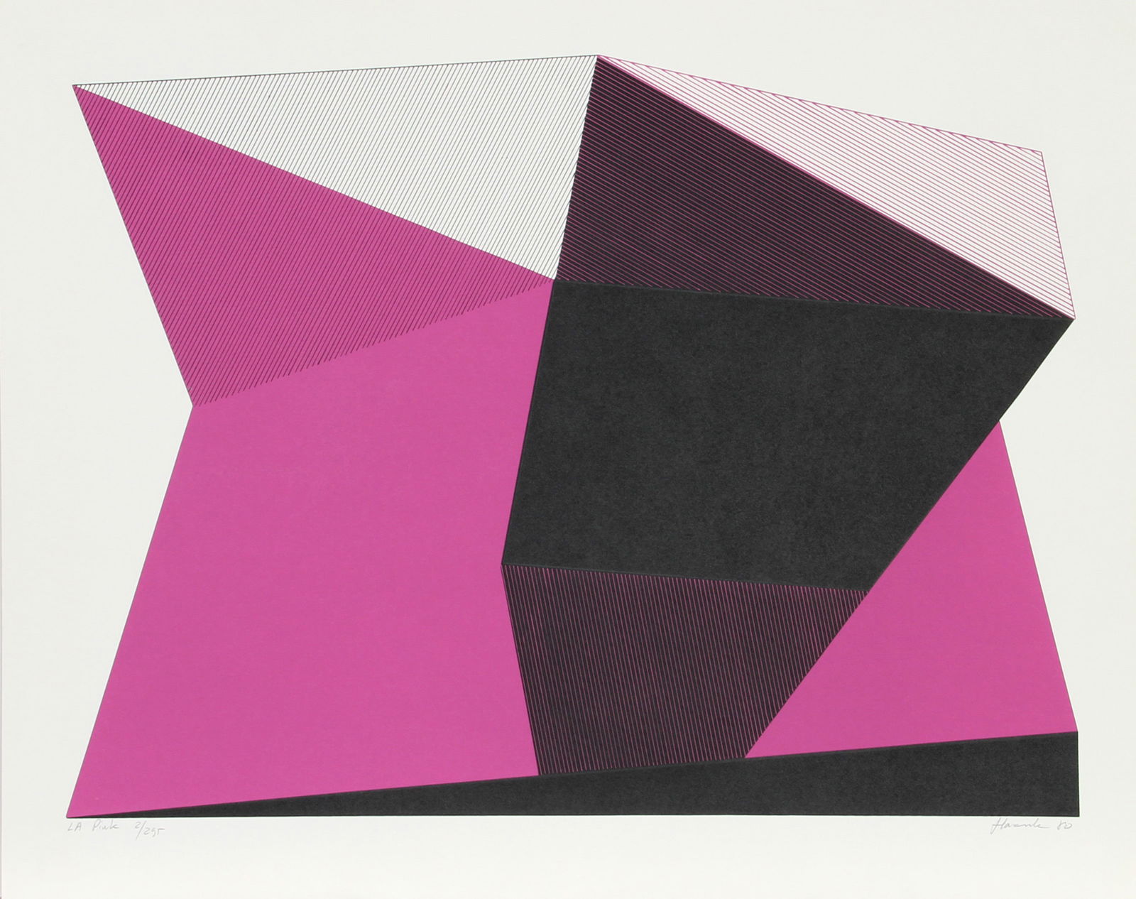 Jean-Marie Haessle, L.A. Pink, Screenprint: Artist: Jean-Marie Haessle, American (1939 - ) Title: L.A. Pink Year: 1980 Medium: Screenprint, signed and numbered in pencil Edition: 295 Size: 23 in. x 29 in. (58.42 cm x 73.66 cm) Frame Size: 26 x