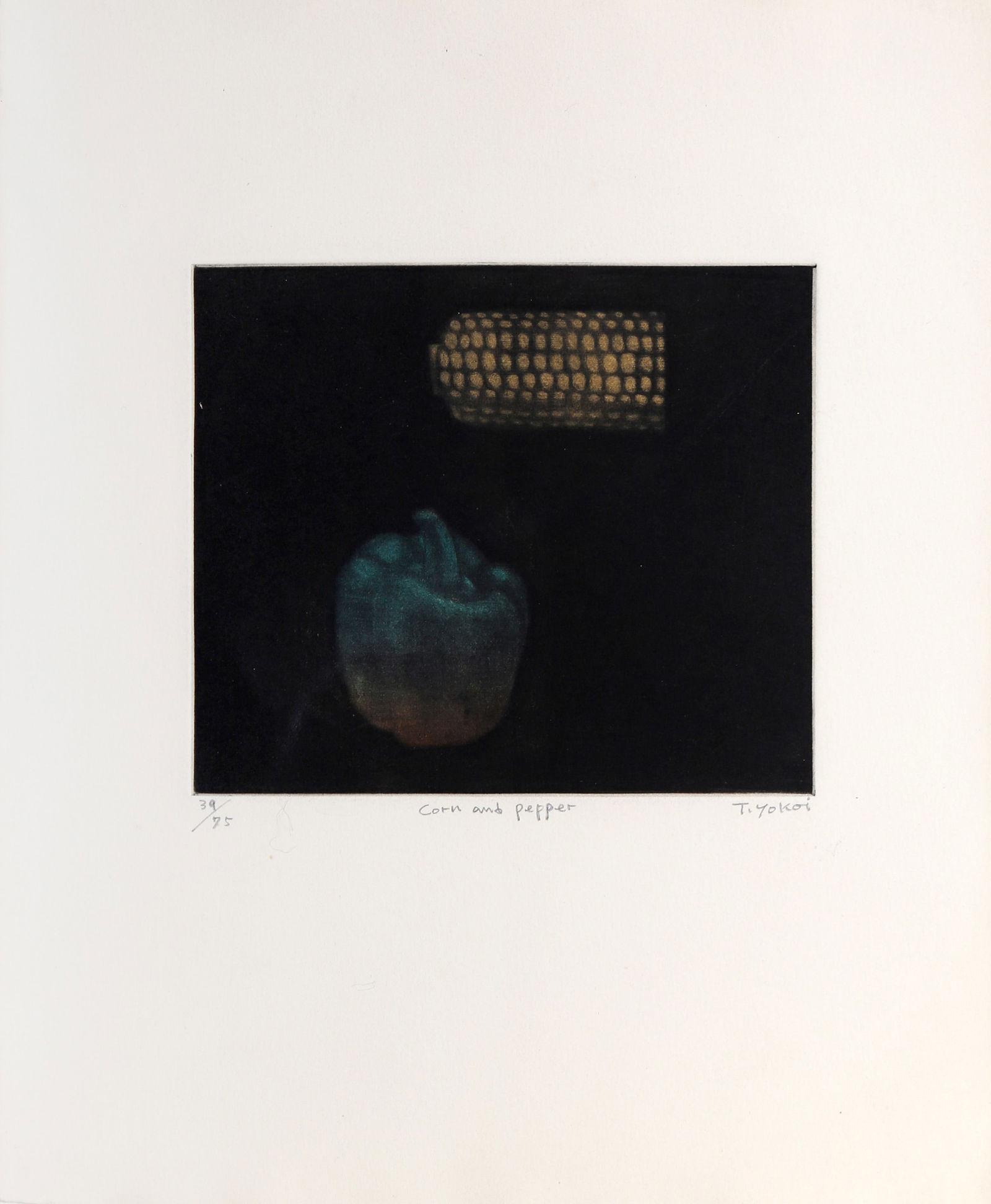 Tomoe Yokoi, Corn and Pepper, Etching with Aquatint: Artist: Tomoe Yokoi, Japanese (1942 - ) Title: Corn and Pepper Medium: Etching with Aquatint, signed and numbered in pencil Edition: 39/75 Image Size: 5.75 x 6.75 inches Size: 13.5 x 11 in. (34.29 x 2