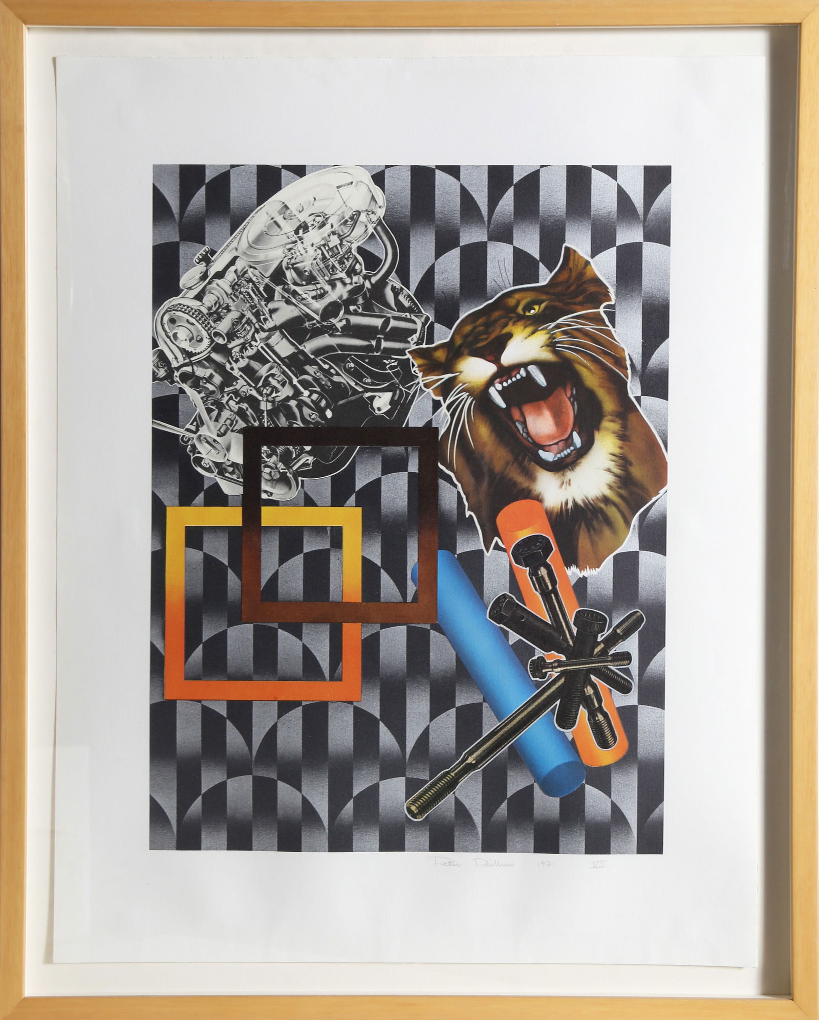 Peter Phillips, Tiger & Engine, Lithograph: Artist: Peter Phillips, British (1939 - ) Title: Tiger & Engine Year: 1971 Medium: Lithograph, signed and dated in pencil Size: 19 x 14.25 in. (48.26 x 36.2 cm) Frame Size: 28.5 x 23 inches Descriptio