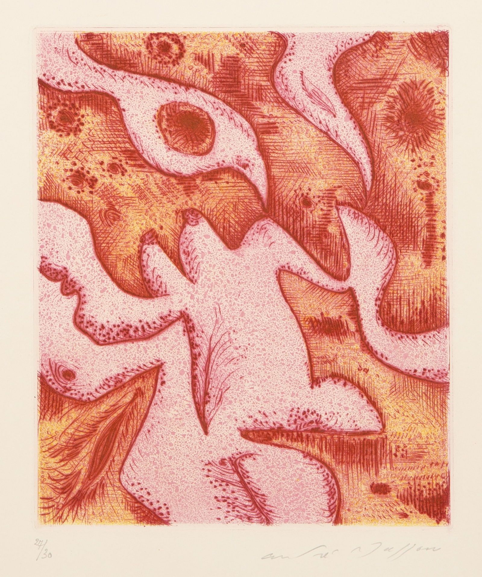 Andre Masson, L'oiseau amoureux, Etching and aquatint on BFK Rives: Artist: Andre Masson, French (1896 - 1987) Title: L'oiseau amoureux Year: 1957 Medium: Etching and aquatint on BFK Rives, signed and numbered in pencil Edition: 27/30 Image Size: 8 x 6.75 inches Size: