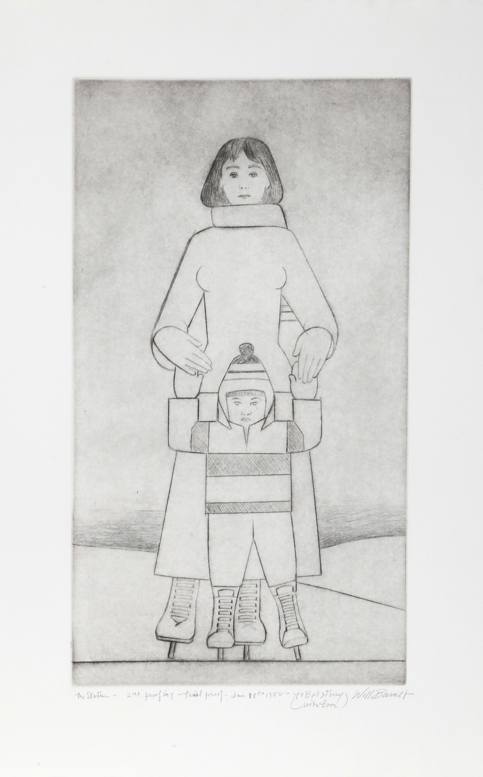 Will Barnet, The Skaters, Etching with Aquatint: Artist: Will Barnet, American (1911 - 2012) Title: The Skaters Year: 1988 Medium: Etching with Aquatint, signed and dedicated in pencil Edition: Trial Proof Image Size: 23 x 13 inches Size: 29.5 x 22