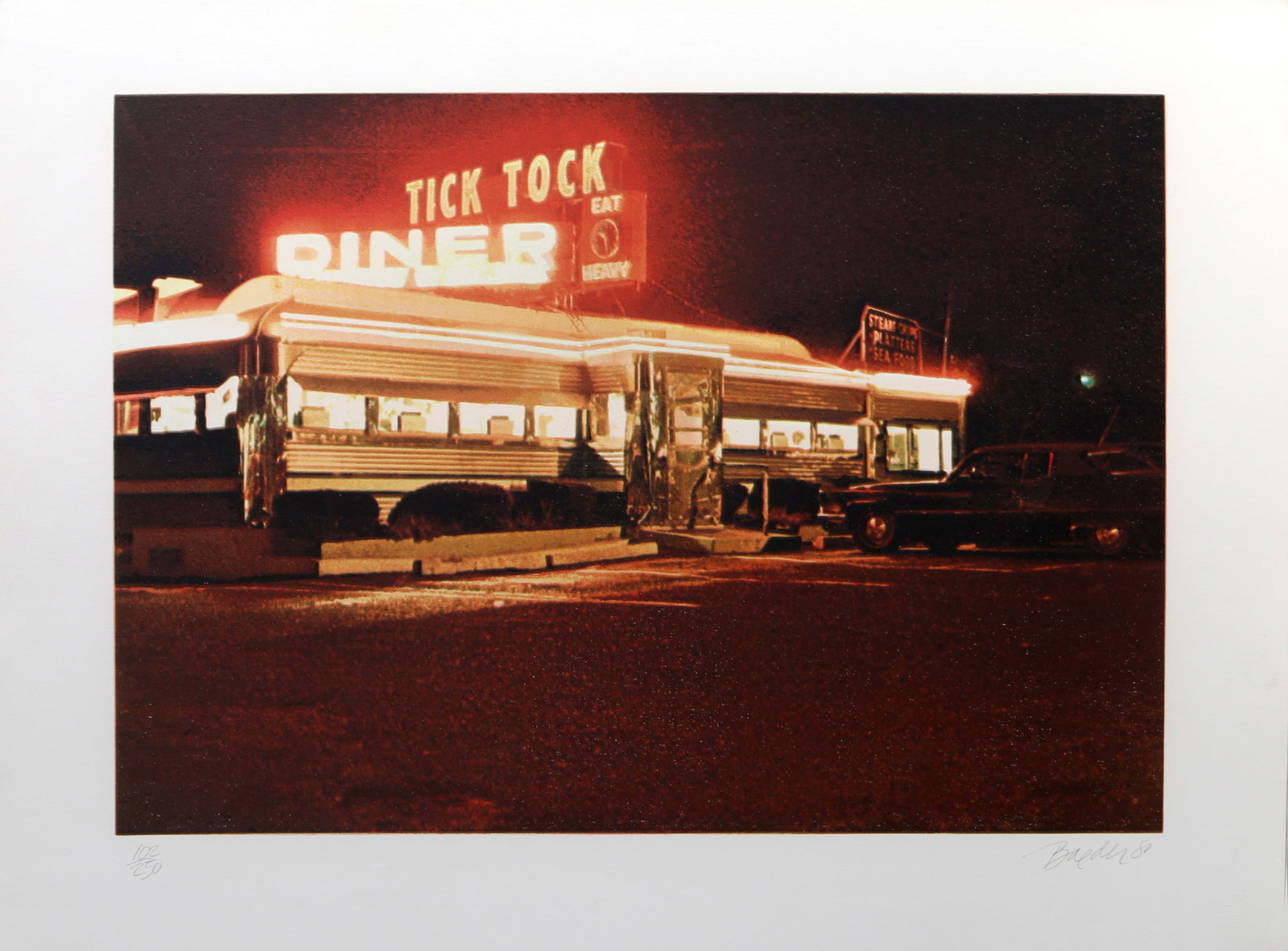 John Baeder, Tick Tock Diner, Screenprint: Artist: John Baeder, American (1938 - ) Title: Tick Tock Diner Year: 1980 Medium: Screenprint, signed and numbered in pencil Edition: 250, 30 AP Size: 22 x 30 in. (55.88 x 76.2 cm) Printer: Descriptio