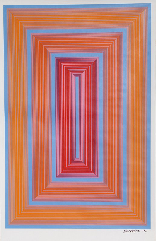 Richard Anuszkiewicz, Op-Art Silkscreen: Artist: Richard Anuszkiewicz, American (1930 - ) Title: Untitled Year: circa 1970 Medium: Silkscreen, signed and dated in marker Image Size: 34.5 x 22.5 inches Size: 42 in. x 24 in. (106.68 cm x 60.96
