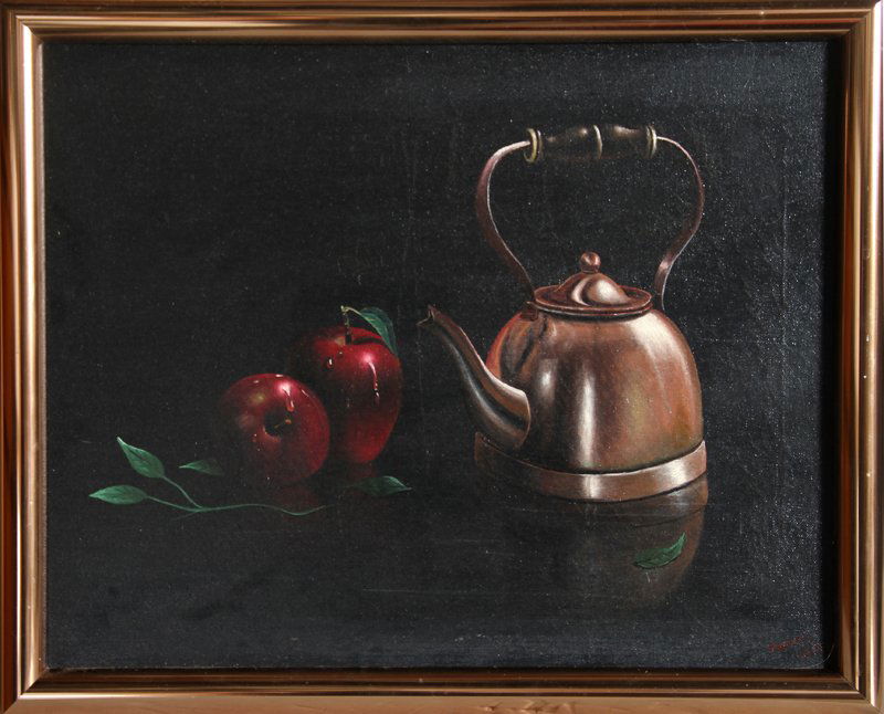 Thomas Kerry, Apples and Kettle, Oil Painting: Artist: Thomas Kerry, British/American Title: Apples and Kettle Medium: Oil on Canvas Image Size: 16 x 20 inches Size: 18 in. x 22 in. (45.72 cm x 55.88 cm)
