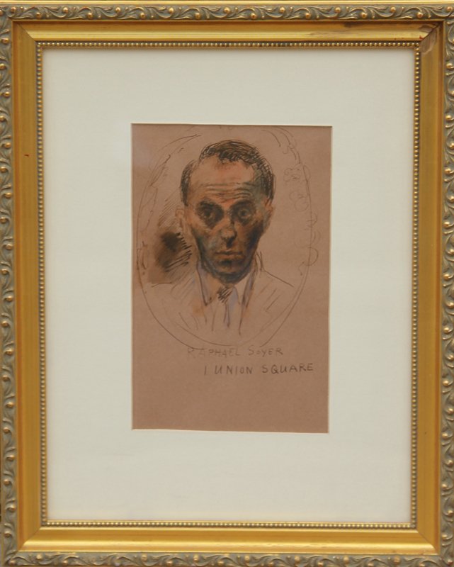 Raphael Soyer, I Union Square, Self Portrait, Draw: Artist: Raphael Soyer, American (1899 - 1987) Title: I Union Square Year: circa 1940 Medium: Ink and Watercolor, signed Size: 8.5 in. x 5 in. (21.59 cm x 12.7 cm) Frame Size: 15 x 12 inches