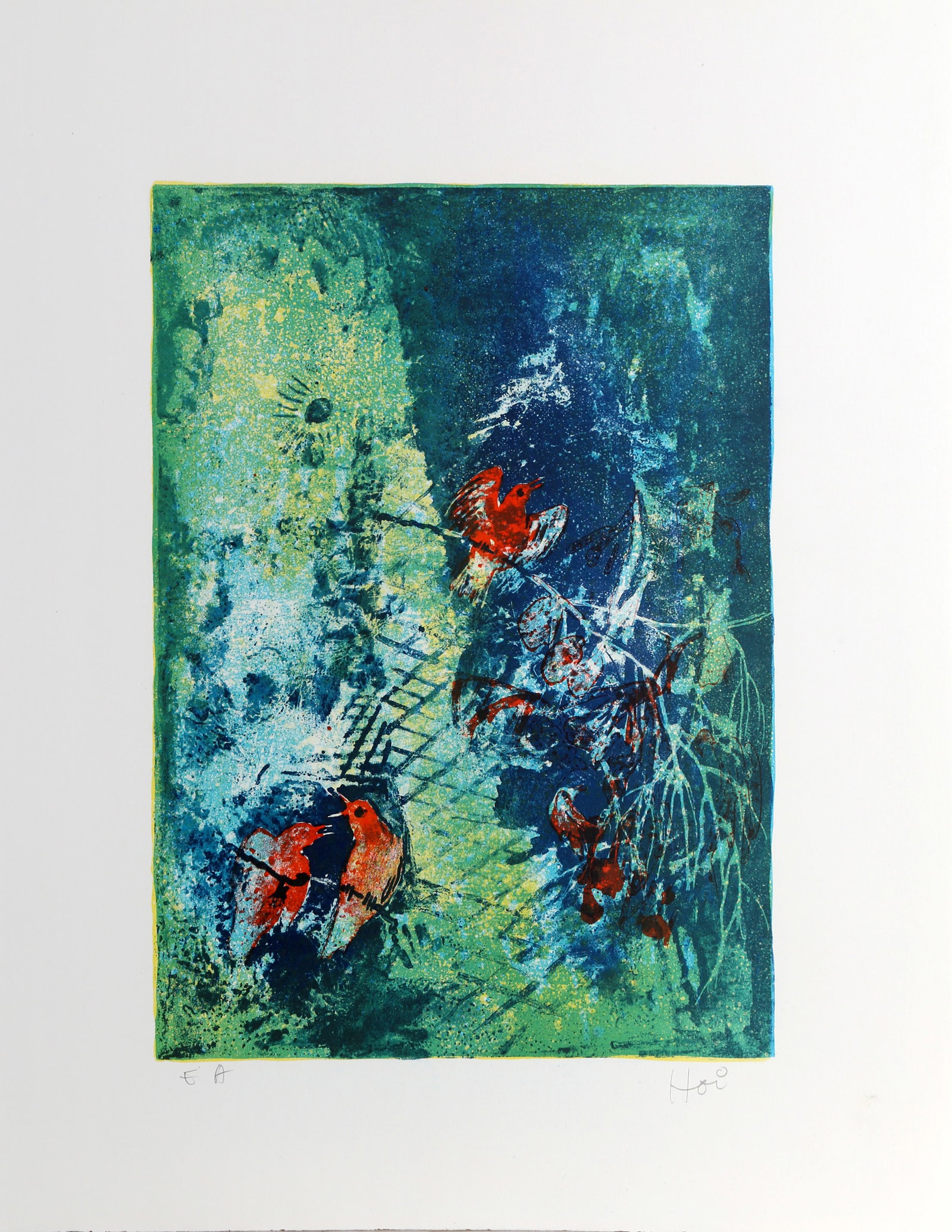 Lebadang (aka Hoi), Birds, Lithograph on Rives BFK: Artist: Lebadang (aka Hoi), Vietnamese (1922 - 2015) Title: Birds Medium: Lithograph on Rives BFK, signed "Hoi" and numbered in pencil Edition: E.A. Image Size: 18 x 12.5 inches Size: 25.5 x 19.5 in. 