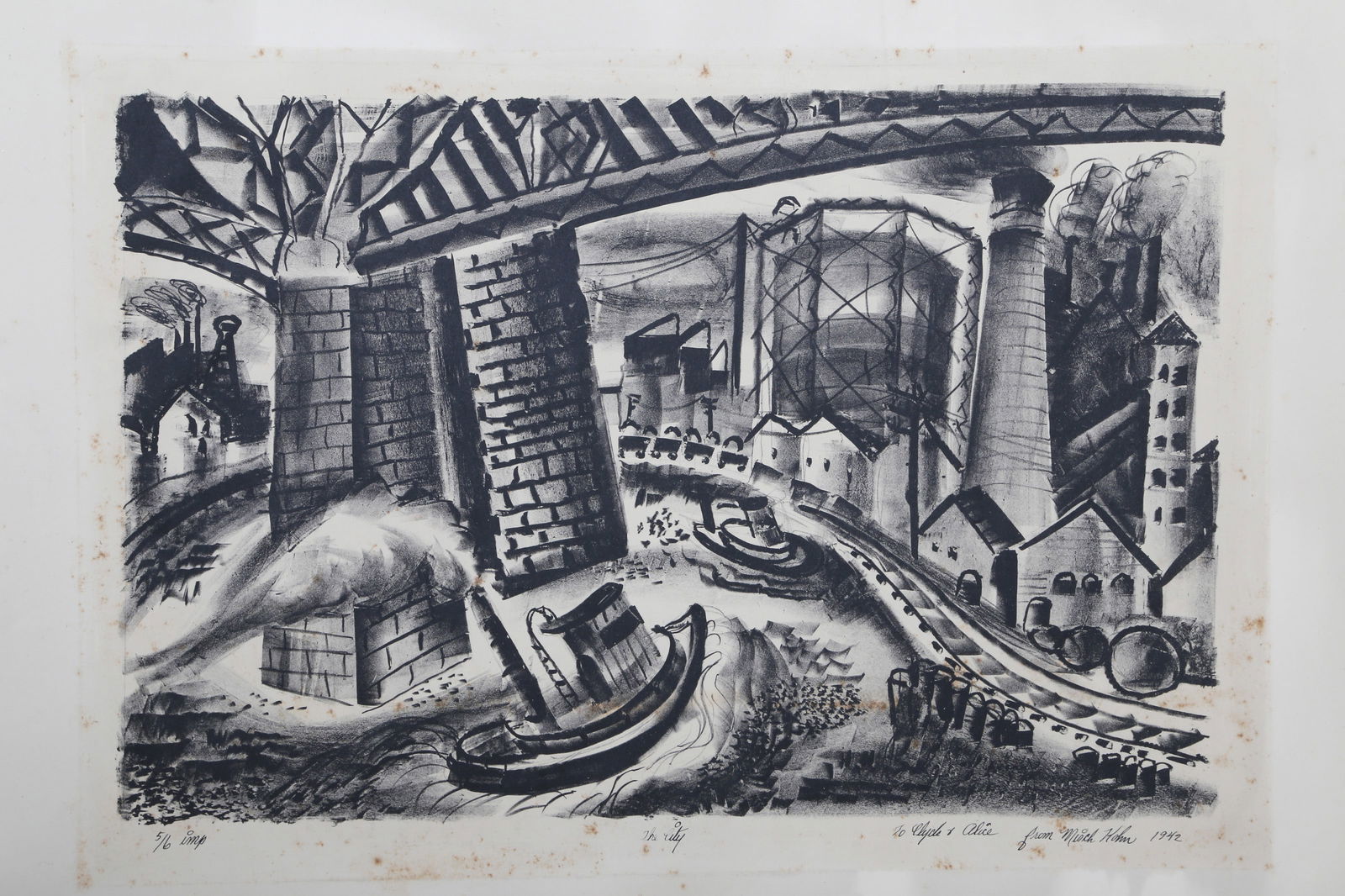 Misch Kohn, The City, Etching: Artist: Misch Kohn, American (1916 - 2003) Title: The City Year: 1942 Medium: Etching, signed and numbered in ink Edition: Imp. 5/6 Image Size: 12 x 16 inches Size: 17.5 x 22.5 in. (44.45 x 57.15 cm)