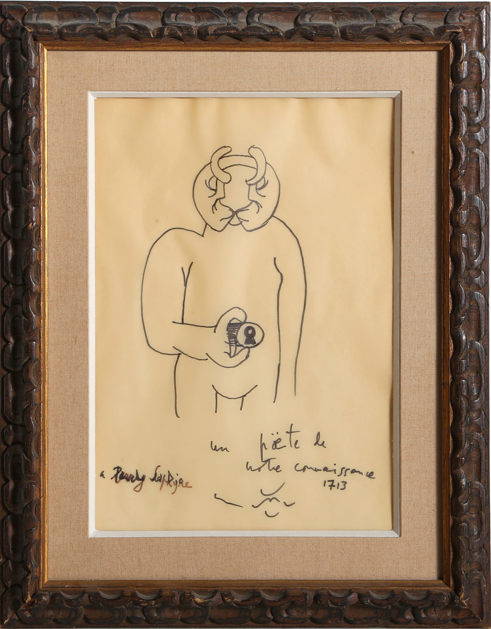 Roberto Matta, Un poete de notre connaissance (Andre Breton), Ink Drawing: Artist: Roberto Matta, Chilean (1911 - 2002) Title: Un poete de notre connaissance (Andre Breton) Year: 1963 Medium: Ink Drawing, signed and dedicated to Larry Saphire in marker Image Size: 9 x 5 inch