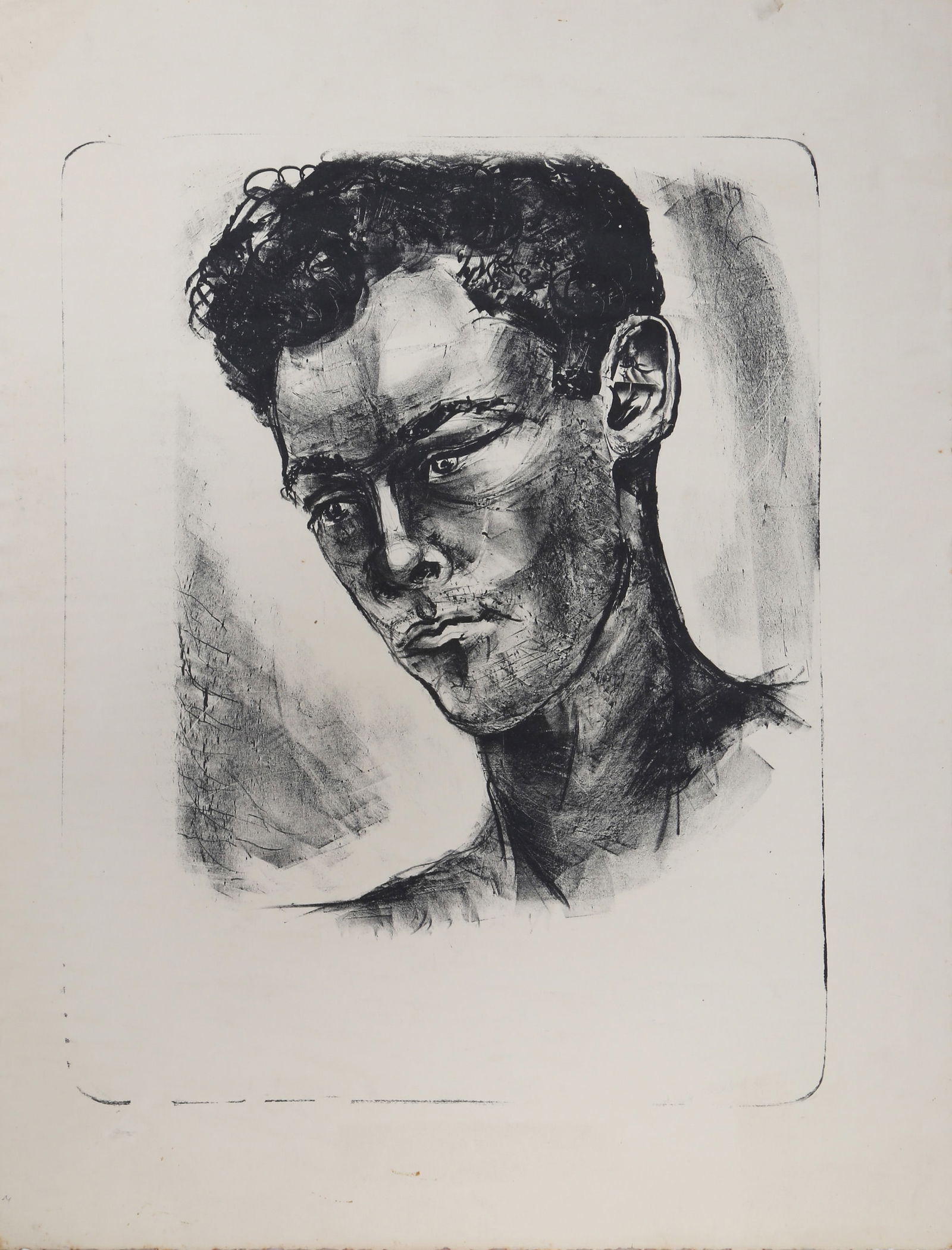 Misch Kohn, Portrait, Etching: Artist: Misch Kohn, American (1916 - 2003) Title: Portrait Year: circa 1942 Medium: Etching Image Size: 15 x 12 inches Size: 22.5 x 17 in. (57.15 x 43.18 cm) Description: A simple portrait etching of
