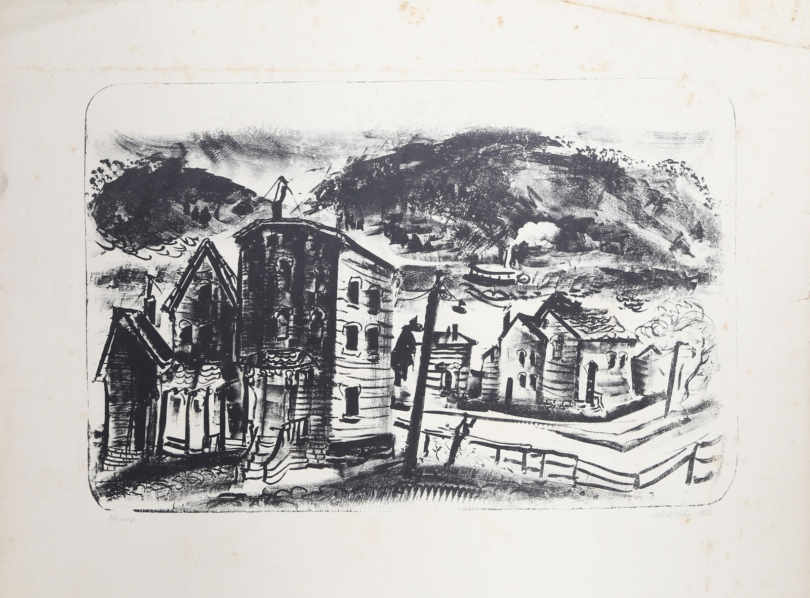 Misch Kohn, Houses, Etching: Artist: Misch Kohn, American (1916 - 2003) Title: Houses Year: circa 1942 Medium: Etching, signed and numbered in pencil Edition: Imp. 2/5 Image Size: 11.5 x 18 inches Size: 17.5 x 22.5 in. (44.45 x 5