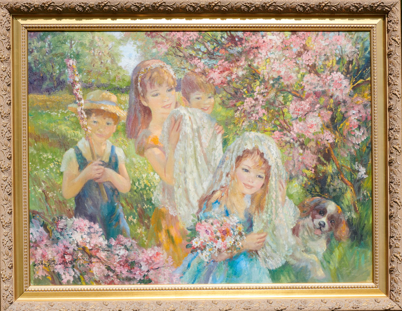 John Strevens, Children with Mantillas with Flowers, Oil on Canvas: Artist: John Strevens, British (British, 1902 - 1990) Title: Children with Mantillas with Flowers Medium: Oil on Canvas, signed lower left Size: 30 x 49 in. (76.2 x 124.46 cm) Description: A pastoral