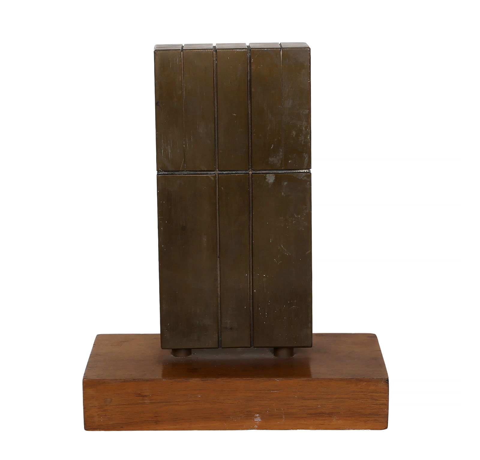 Jules Engel, High Rise, Bronze sculpture, wooden base: Artist: Jules Engel, Hungarian/American (1909 - 2003) Title: High Rise Year: circa 1965 Medium: Bronze sculpture, wooden base Size: 10 x 8 x 3.75 in. (25.4 x 20.32 x 9.53 cm)