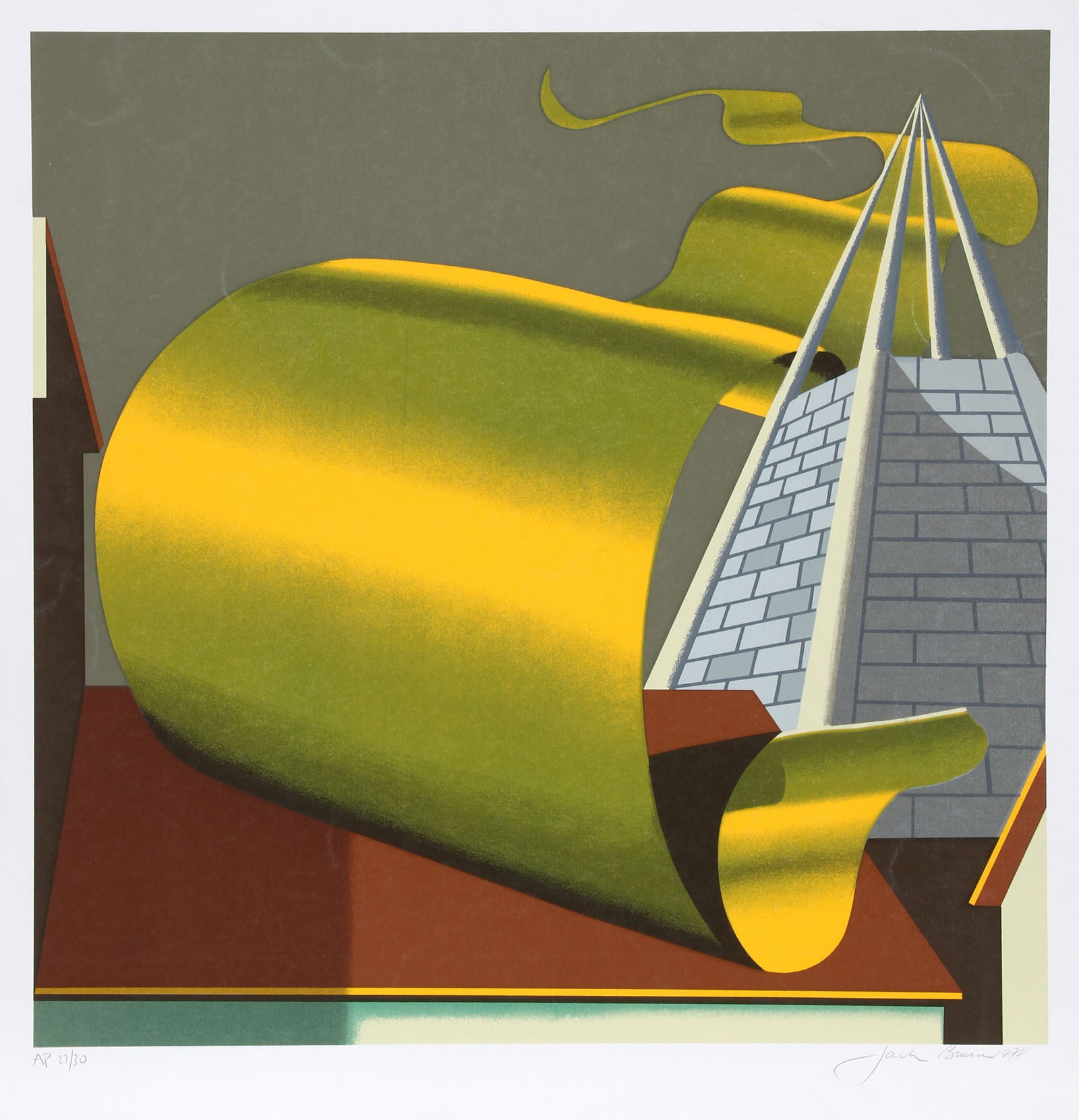 Jack Brusca, Stanley's Place, Screenprint: Artist: Jack Brusca, American (1939 - 1993) Title: Stanley's Place Year: 1978 Medium: Screenprint, signed and numbered in pencil Edition: 200, AP 30 Image Size: 24 x 24 inches Size: 27 in. x 26 in. (6