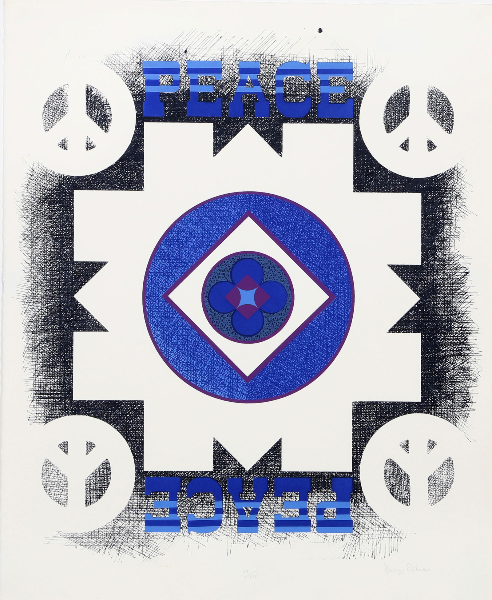 George Earl Ortman, Peace from the Peace Portfolio, Lithograph and Screenprint: Artist: George Earl Ortman, American (1926 - 2015) Title: Peace from the Peace Portfolio Year: 1970 Medium: Lithograph and Screenprint, Signed and Numbered in Pencil Edition: 175 Size: 26 in. x 21 in.